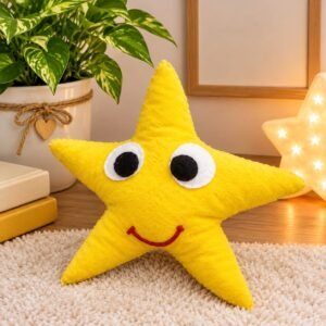 Cute yellow star plush toy with smiling face- handmade decorative toy.